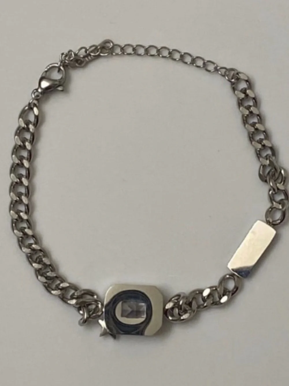 Vintage Silver Chain Bracelet with Clear Rectangular Crystal and Star Accent